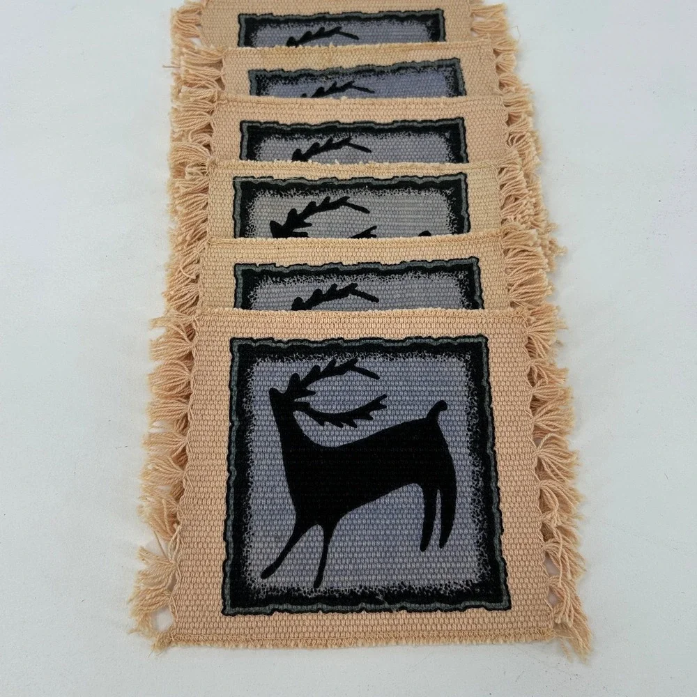 Set of 6 El Paso Saddleblanket Co. Deer Cotton Fringe Coasters / Mug Rugs